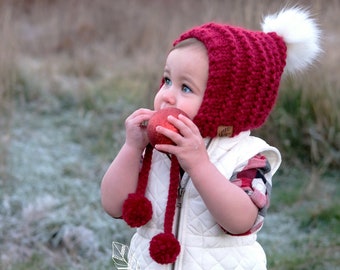 Cozy Pom Pom Bulky Knit Pixie Bonnet () Christmas Bonnet () Holiday Bonnet () Santa Hat