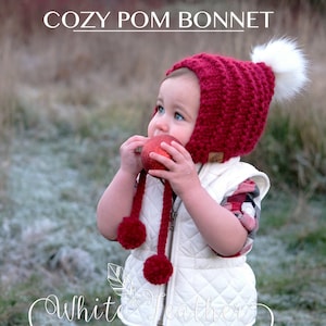 Cozy Pom Pom Bulky Knit Pixie Bonnet Christmas Bonnet Holiday Bonnet Santa Hat image 1