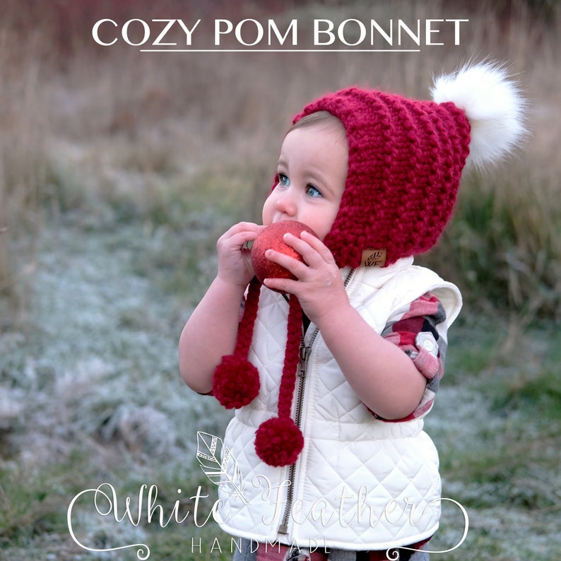 Cozy Pom Pom Bulky Knit Pixie Bonnet Christmas Bonnet Holiday Bonnet Santa Hat image 1