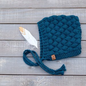 May include: Teal blue knitted hat with a textured pattern and a long tassel. The hat has a small brown leather tag with the letters "WF" on it.