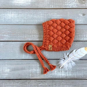 May include: A rust-colored knitted baby bonnet with a long tie and a small leather tag that says "WF". The bonnet is on a light gray wooden surface with a white feather with gold accents.