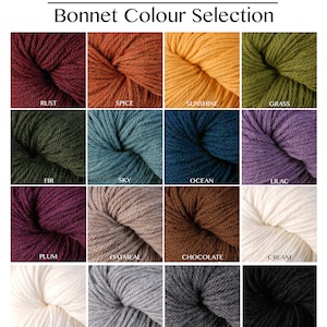 May include: A color chart showing 16 different yarn colors for knitting or crocheting. The colors are named: Rust, Spice, Sunshine, Grass, Fir, Sky, Ocean, Lilac, Plum, Oatmeal, Chocolate, Cream, Snow, Smoke, Pepper, and Cast Iron.