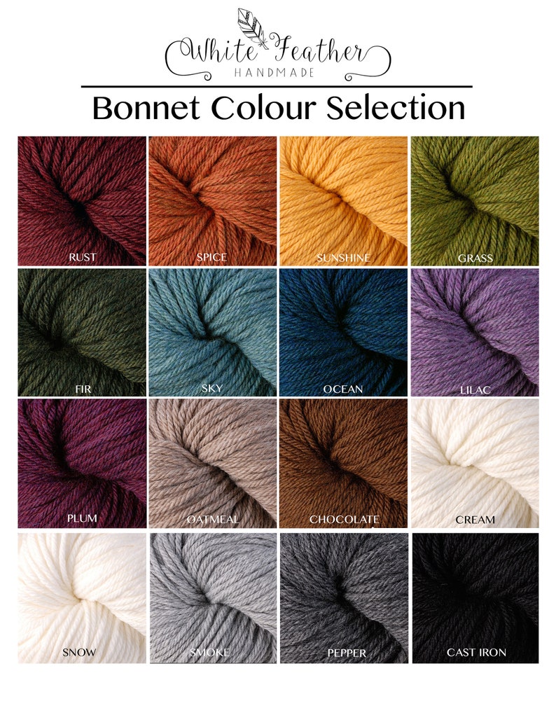 May include: A color chart showing 16 different yarn colors for knitting or crocheting. The colors are named: Rust, Spice, Sunshine, Grass, Fir, Sky, Ocean, Lilac, Plum, Oatmeal, Chocolate, Cream, Snow, Smoke, Pepper, and Cast Iron.
