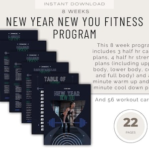 以下が含まれることがあります： 「New Year New You Fitness Program」と題されたフィットネスプログラム。テキストには「8 Weeks」と「Instant Download」が含まれています。プログラムには、3つのカーディオプラン、4つの筋力プラン、56枚のワークアウトカードが含まれています。画像には、ウェイトリフティングをする女性が写っています。
