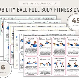 Op de afbeelding: Set fitnesskaarten "STABILITY BALL FULL BODY FITNESS CARDS" met 45 kaarten en 6 pagina's. De kaarten tonen oefeningen met een stabiliteitsbal, zoals crunches, rollouts en armextensies. Direct downloaden met oefenillustraties.