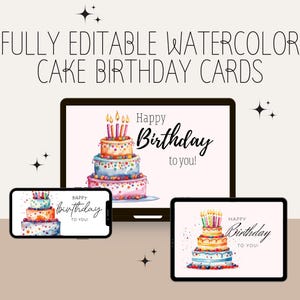 Paquete de 3 tarjetas minimalistas de feliz cumpleaños con diseño de pastel de acuarela: editables, imprimibles, modernas, artísticas, coloridas, descarga digital instantánea