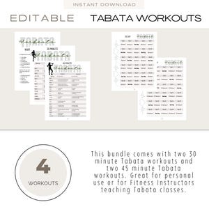 Peut inclure: Un ensemble de quatre plans d'entraînement Tabata modifiables. Les plans comprennent des routines d'entraînement de 30 et 45 minutes. L'image comprend le texte "EDITABLE TABATA WORKOUTS" et "INSTANT DOWNLOAD".