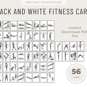 Może przedstawiać: Czarno-białe karty fitness z ilustracjami różnych ćwiczeń. Tekst "BLACK AND WHITE FITNESS CARDS" znajduje się na górze, a pod nim "Instant Download PDF file". Okrąg wyświetla "56 CARDS".