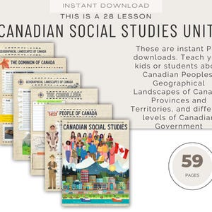 Peut inclure: Un ensemble de 59 pages imprimables pour enseigner aux enfants la géographie, l'histoire et le gouvernement canadiens. Les pages présentent des illustrations et du texte colorés, notamment "Le Dominion du Canada", "La Cordillère" et "Les peuples du Canada".