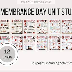 May include: A Remembrance Day unit study digital download featuring 12 lessons across 23 pages. The educational set includes illustrated informational sheets with red poppy motifs, Canadian flag icons, and text covering history, geography, and arts.