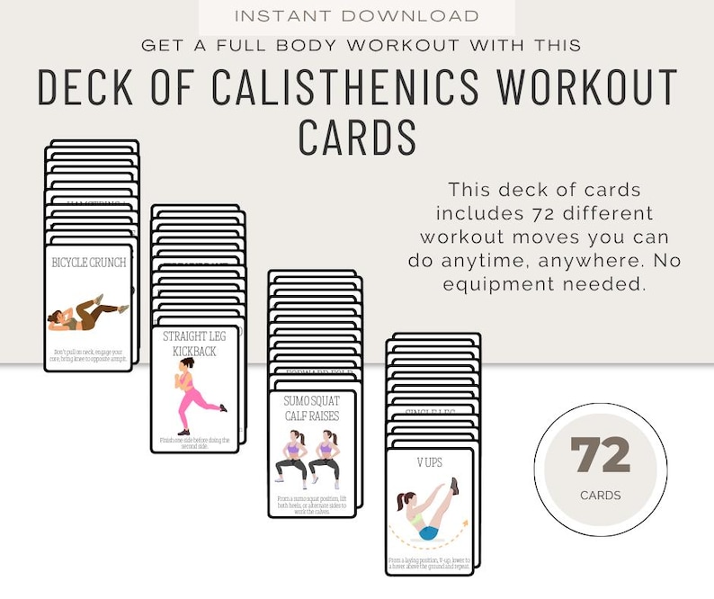 May include: A deck of calisthenics workout cards with 72 different exercises. Each card features an illustration and instructions for a specific workout move. The text reads "Get a full body workout with this deck of calisthenics workout cards."