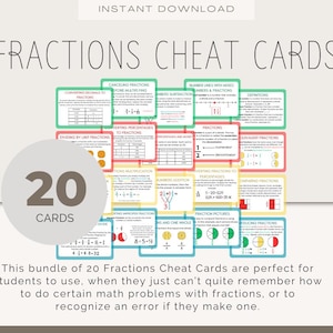 May include: A set of 20 colorful cheat cards for learning about fractions. The cards feature different topics such as converting decimals to fractions, dividing by unit fractions, and equivalent fractions. The cards are perfect for students who need extra help with fractions.