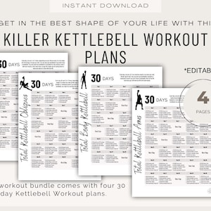May include: Four printable 30-day kettlebell workout plans. Each plan focuses on a different area: cardio, obliques, total body, and arms. The plans are black and white and have a simple design. The text "*EDITABLE*" and "4 PAGES" is visible in the image.