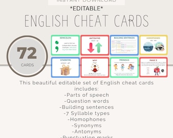 English Cheat Sheet Cards: Grammar & Vocabulary (Digital Download)