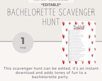 Bachelorette Party Scavenger Hunt: Red Hearts, Modern Bridal Game (PDF Printable)