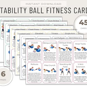May include: A set of fitness cards for stability ball exercises. The cards feature illustrations of various exercises, including crunches, knee tucks, and V arm extensions. The text on the cards includes exercise names and instructions. The set includes 45 cards and 6 pages.
