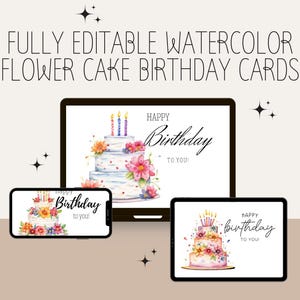 Paquete de 3 tarjetas minimalistas de feliz cumpleaños con diseño de pastel de flores en acuarela, editables, imprimibles, modernas, artísticas, coloridas, descarga digital instantánea