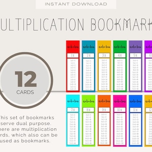 May include: A set of 12 colorful multiplication bookmarks. Each bookmark features a different multiplication table from 1x to 12x. The bookmarks are designed to serve as both educational tools and practical reading aids.