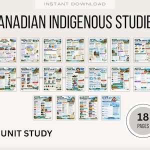 May include: A collection of 18 educational pages titled Canadian Indigenous Studies Unit Study. The pages feature colorful illustrations, maps, and text covering topics like traditional stories, indigenous art, treaties, and arctic animals.