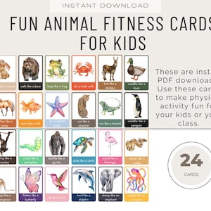 Spaß Minimalistische Tier Workout Karteikarten für Kinder PDF Instant Download Vorlagen Fitness Coaches Gesundheit Haus Übung Anleitung Fitness