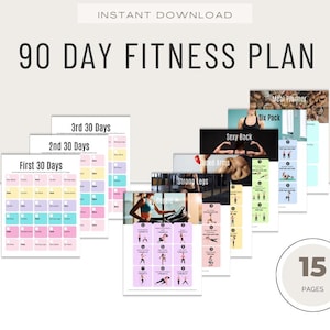 Puede incluir: Un conjunto de imprimibles de planes de fitness. El título dice "90 DAY FITNESS PLAN" en letras grandes y en negrita. La imagen incluye tablas de ejercicios, planificadores de comidas y guías de ejercicios. El texto "INSTANT DOWNLOAD" y "15 PAGES" también son visibles.