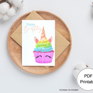 Happy Birthday Card - DIGITAL Download - Printable Birthday Card Featuring Unicorn Cupcake - Printable Happy Birthday Card - Printable Card