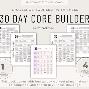 11 pages 30 Day Workout Bundle Printable PDFs, 4 Plans, Easy to Follow image Guides, Core builder, abs, six pack, Fitness Instructor 2025