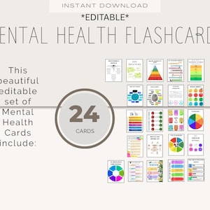 Puede incluir: Un conjunto de 24 tarjetas de memoria imprimibles sobre salud mental. Las tarjetas son coloridas y presentan varios diagramas y gráficos. El texto en las tarjetas incluye "Ok To:" y "Check In".