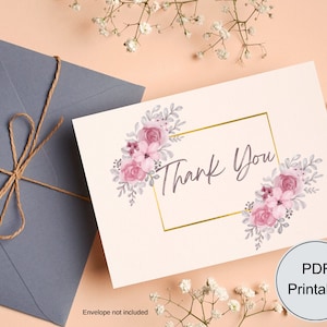 Carte de remerciement PDF modifiable de fleurs sauvages à téléchargement immédiat, floral, aquarelle, or, gratitude, appréciation, gratitude