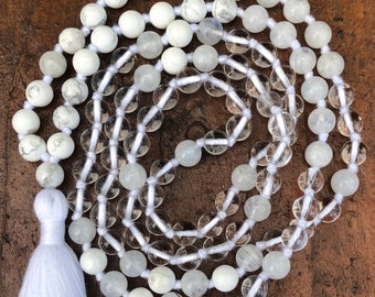 Moonstone, Quartz & Howlite Mala Necklace: Calming Crystal Beads
