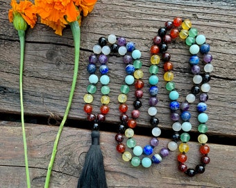 Rainbow Crystal Mala Necklace: Chakra Balancing Boho Jewelry