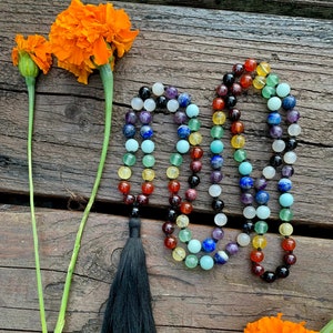 Rainbow Crystal Mala Necklace: Chakra Balancing Boho Jewelry