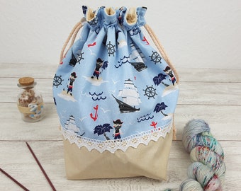 Small project bag, knitted bag, handicraft bag, universal bag - PIRATEN MARITIM NATUR - Color 12