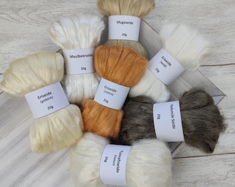 Sample package SILK FIBERS - natural colored spinning fibers, mini combed tops for spinning - 140g