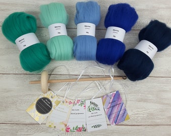 Handspindel-Set mit Merino (blau/türkis), Anfänger-Set zum Spinnen, Anfängerspindel mit Wolle