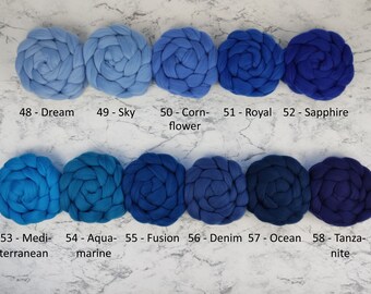 MERINO (6) - plain colored roving, spinning fibers for spinning, felting, weaving, crafts - SHADES OF BLUE - 100g