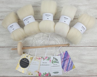 Hand spindle set with natural white wool, beginner set for spinning, beginner spindle with wool, mini combs with hand spindle