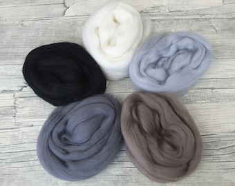 Merino-Mix-Tüte, Spinnfasern, Mini-Kammzüge, Filzwolle zum Spinnen, Filzen, Weben, Kardieren, Basteln - STEINTÖNE - 100g