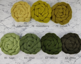 MERINO (9) - plain colored roving, spinning fibers for spinning, felting, weaving, crafts - OLIVE TONES - 100g