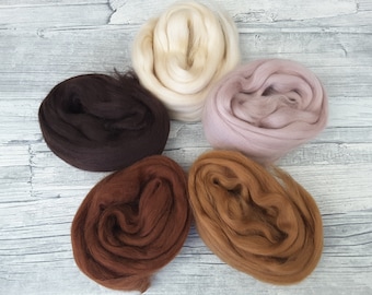 Merino-Mix-Tüte, Spinnfasern, Mini-Kammzüge, Filzwolle zum Spinnen, Filzen, Weben, Kardieren, Basteln - BRAUNTÖNE - 100g