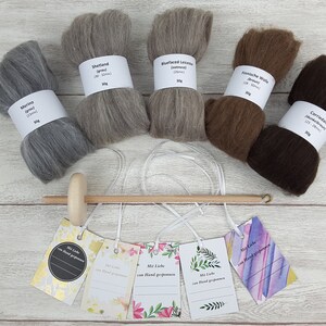 Handspindel-Set mit naturfarbiger Wolle, Anfänger-Set zum Spinnen, Anfängerspindel mit Wolle, Mini-Kammzüge mit Handspindel Bild 1