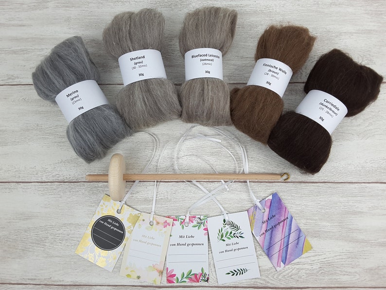 Handspindel-Set mit naturfarbiger Wolle, Anfänger-Set zum Spinnen, Anfängerspindel mit Wolle, Mini-Kammzüge mit Handspindel Bild 1