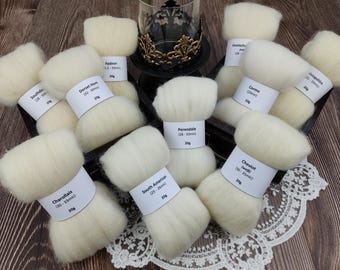 Sample pack WHITE WOOL FIBERS (2) – natural colored spinning fibers, mini combed tops for spinning, spinning wool – 200g