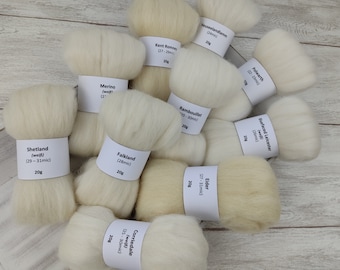 Schnupper Paket WEIßE WOLLFASERN (1) – naturfarbige Spinnfasern, Mini-Kammzüge zum Spinnen, Spinnwolle  – 200g