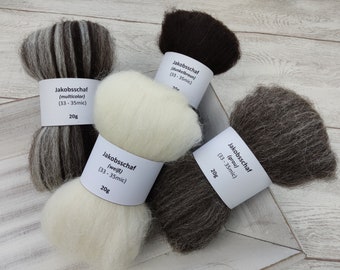 JAKOBSSCHAF-Schnupper-Paket - naturfarbige Wollfasern, Spinnfasern, Kammzug zum Spinnen - 80g