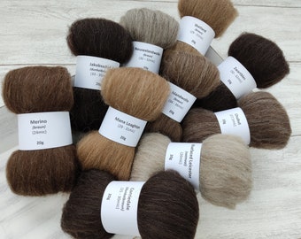 Sample package BROWN WOOL FIBERS – natural colored spinning fibers, mini combed tops for spinning, spinning wool - 200g