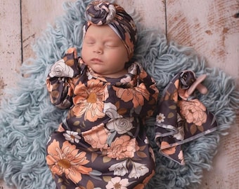 Spring Collection Charcoal Grey Floral, baby gown, newborn gown, knotted gown, knot gown, baby shower gift, baby gift, newborn set