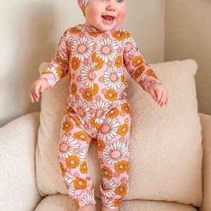 Blush Retro Footie or Romper, baby outfit, toddler outfit, soft pajamas, floral pajamas, girl set, clothing set, girl clothes