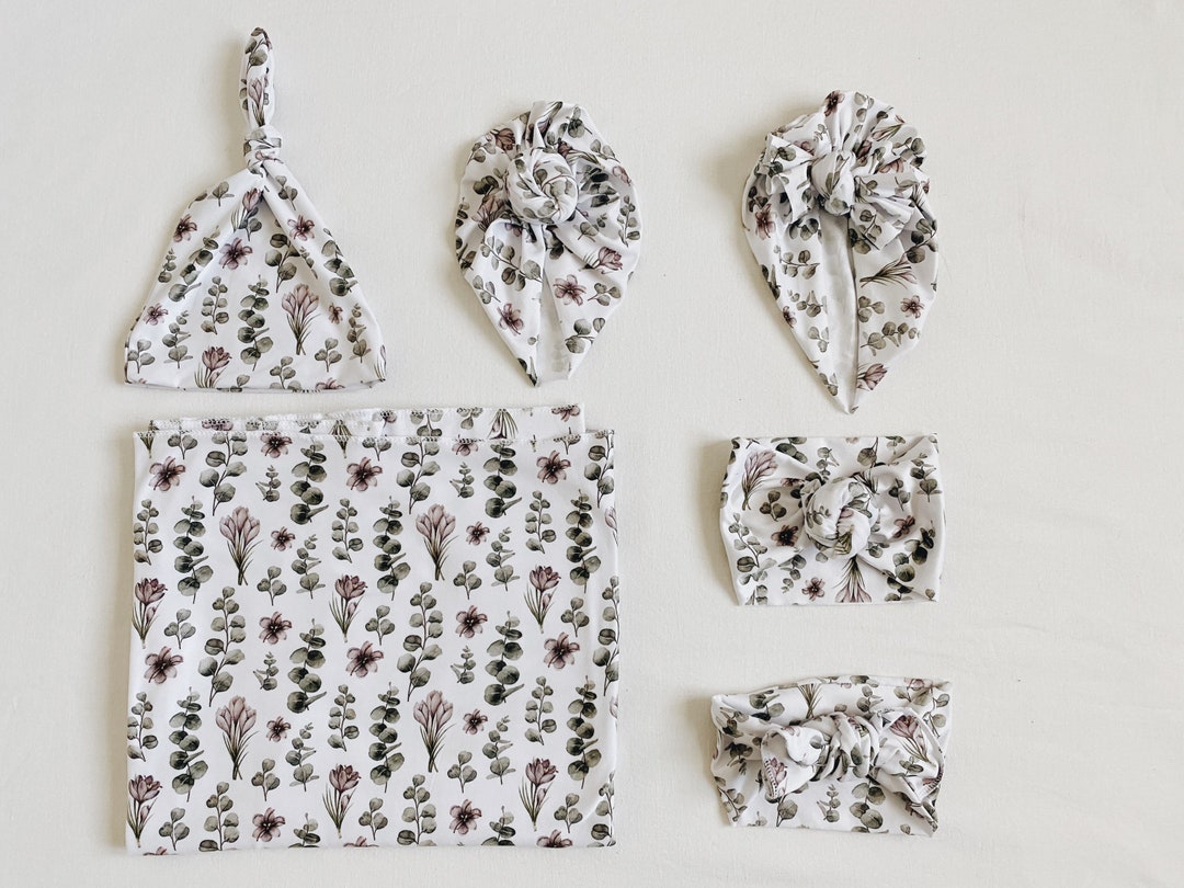 Eucalyptus and Lilac, Baby Swaddle, Baby Blanket, Babywrap, Swaddle Blanket, Matching Turban
