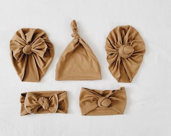 Tan, baby turban, baby hat, knot headband, knot hat, baby beanie, baby gift set, baby shower gift